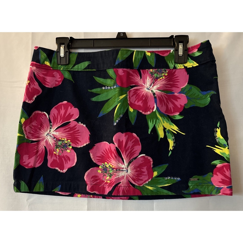 Hollister Y2K Blue Floral Mini Skirt Skater Flare Size 7 Tropical Hibiscus Lined